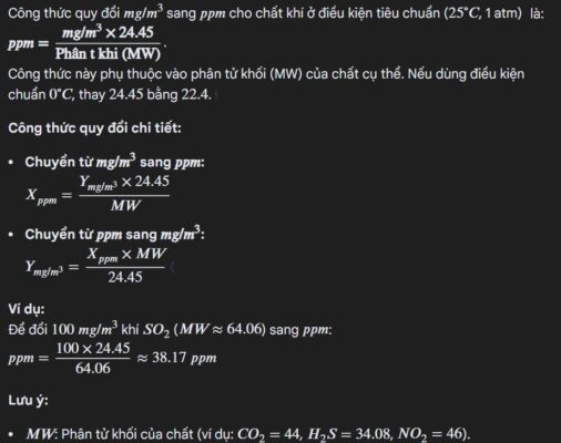 Công thức quy đổi mg m3 sang ppm và ngược lại